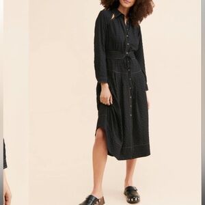 Anthropologie Shirt Dress Womens Size S Black Button Front Cutout Belted Midi